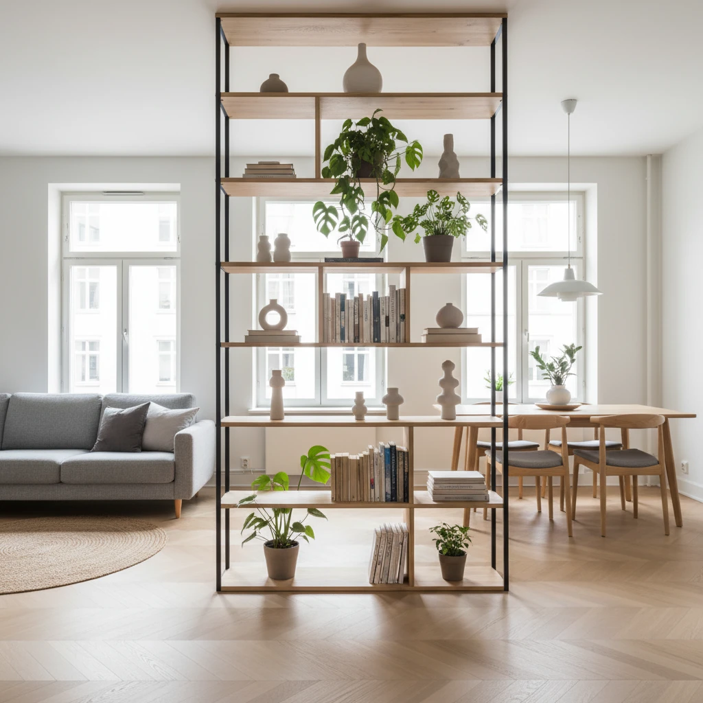 salon podzielony regalem